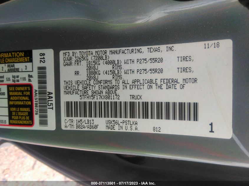 2019 TOYOTA TUNDRA 4WD LIMITED - 5TFHY5F17KX801172