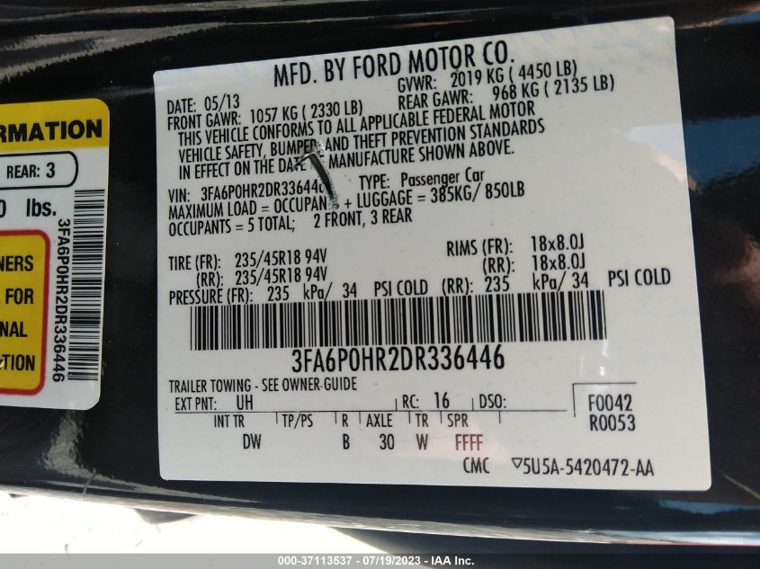 2013 FORD FUSION SE - 3FA6P0HR2DR336446