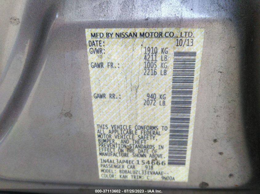 2014 NISSAN ALTIMA 2.5/S/SV/SL - 1N4AL3AP4EC154666