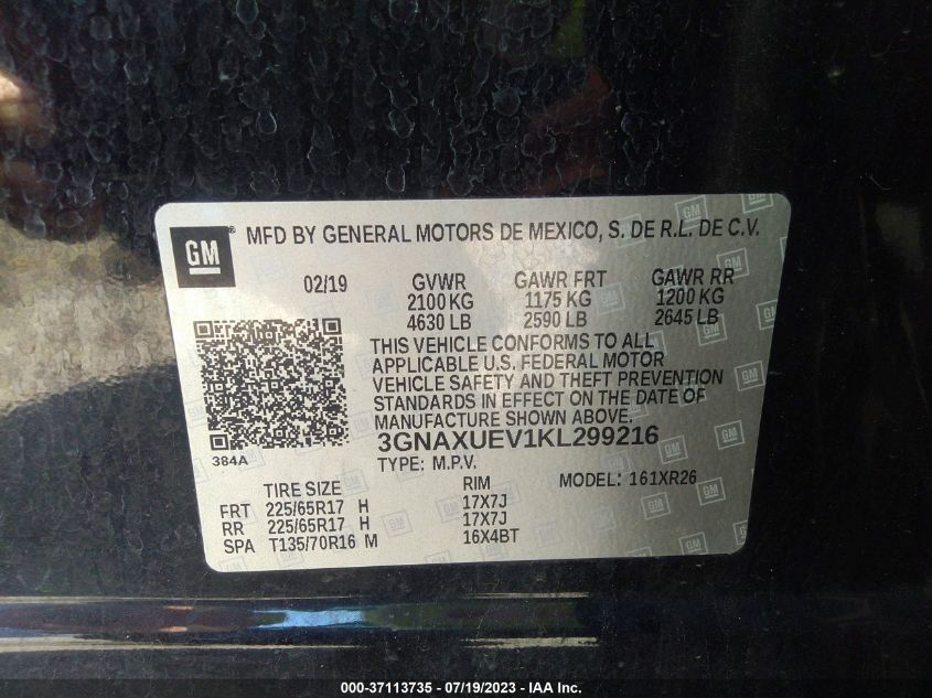 2019 CHEVROLET EQUINOX LT - 3GNAXUEV1KL299216