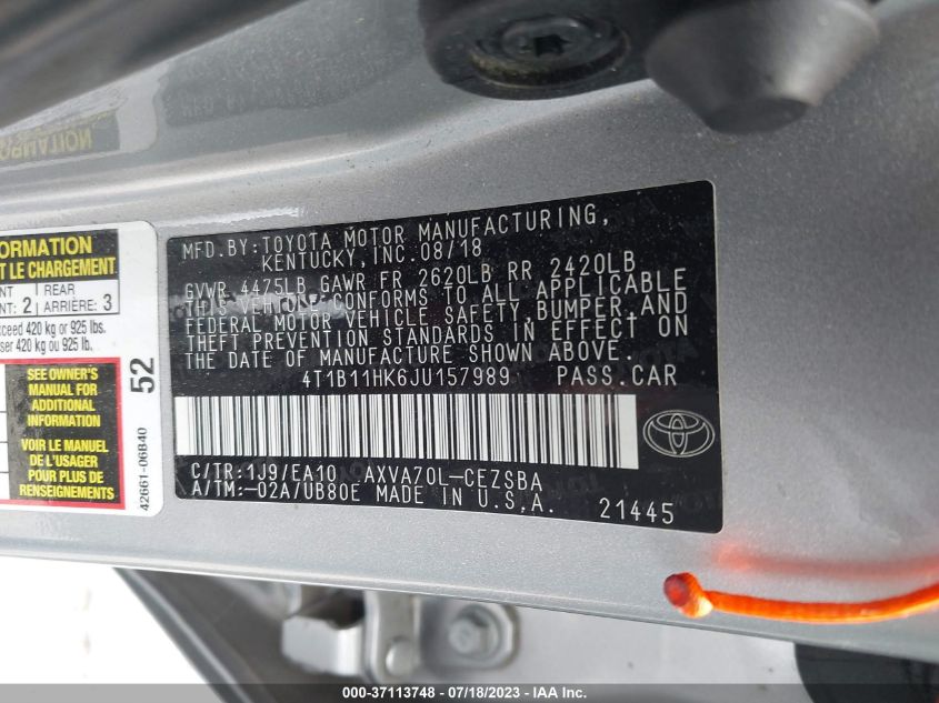 2018 TOYOTA CAMRY LE/SE/XLE/L - 4T1B11HK6JU157989