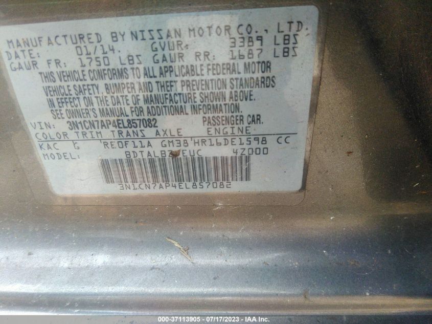 2014 NISSAN VERSA SV - 3N1CN7AP4EL857082