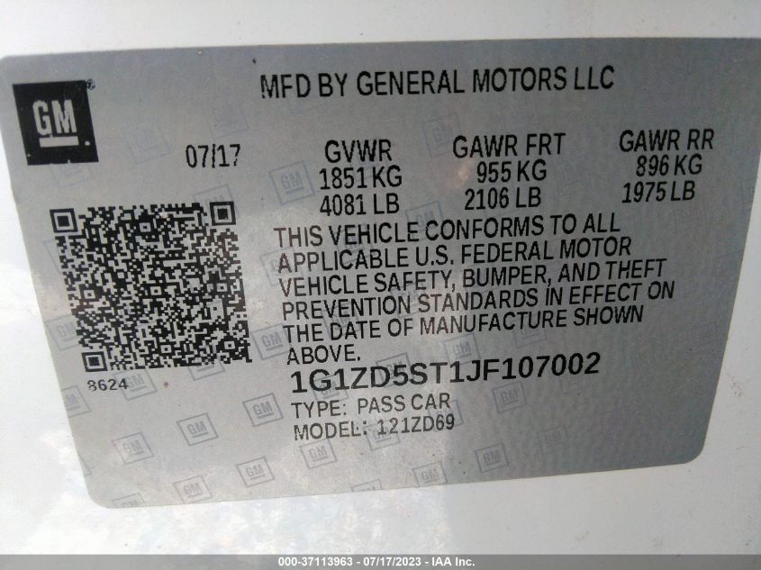 2018 CHEVROLET MALIBU LT - 1G1ZD5ST1JF107002