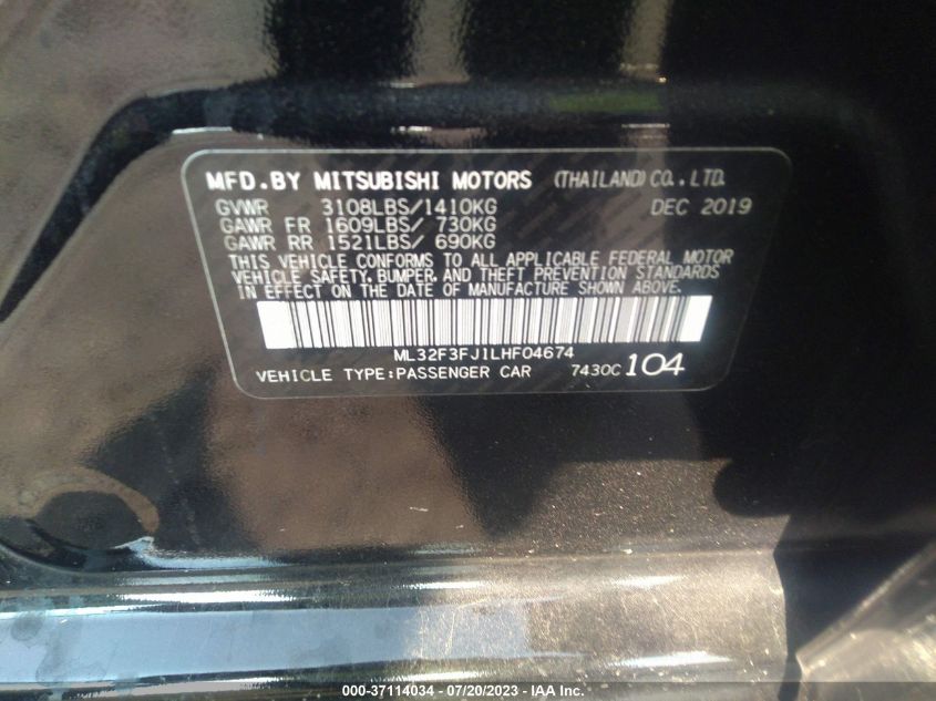 2020 MITSUBISHI MIRAGE G4 ES - ML32F3FJ1LHF04674