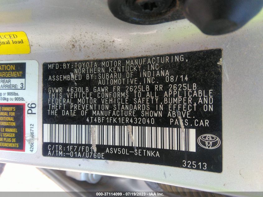 2014 TOYOTA CAMRY L/LE/XLE/SE/SE SPORT - 4T4BF1FK1ER432040