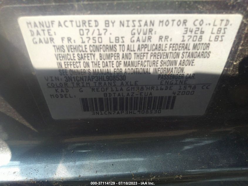 2017 NISSAN VERSA SEDAN S PLUS - 3N1CN7AP3HL908530