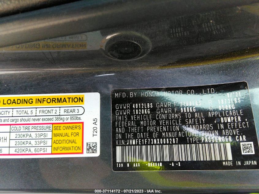 2022 HONDA CIVIC SEDAN EX - JHMFE1F73NX008287