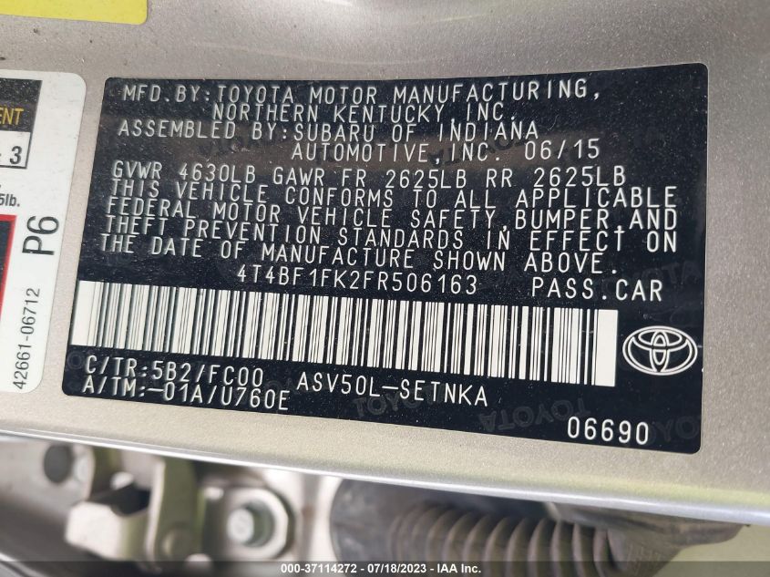 2015 TOYOTA CAMRY LE/XLE/SE/XSE - 4T4BF1FK2FR506163