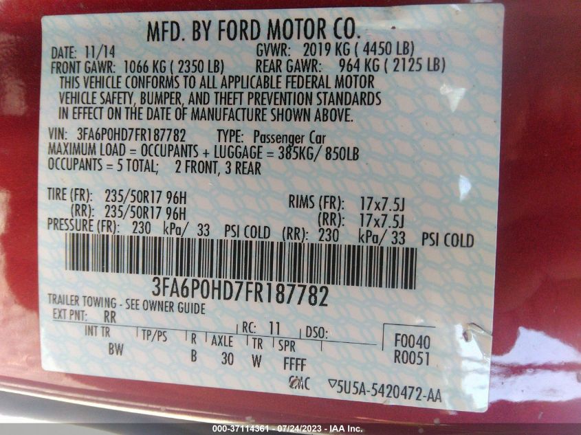 2015 FORD FUSION SE - 3FA6P0HD7FR187782