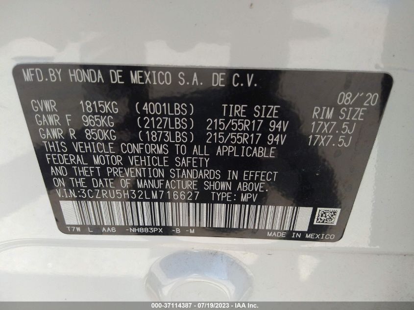 2020 HONDA HR-V LX - 3CZRU5H32LM716627