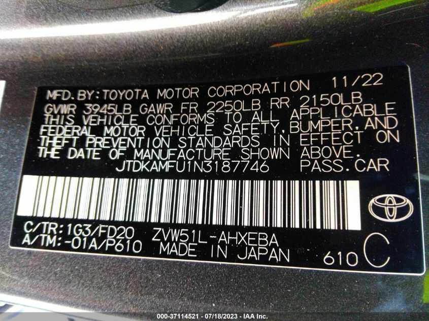 2022 TOYOTA PRIUS L - JTDKAMFU1N3187746