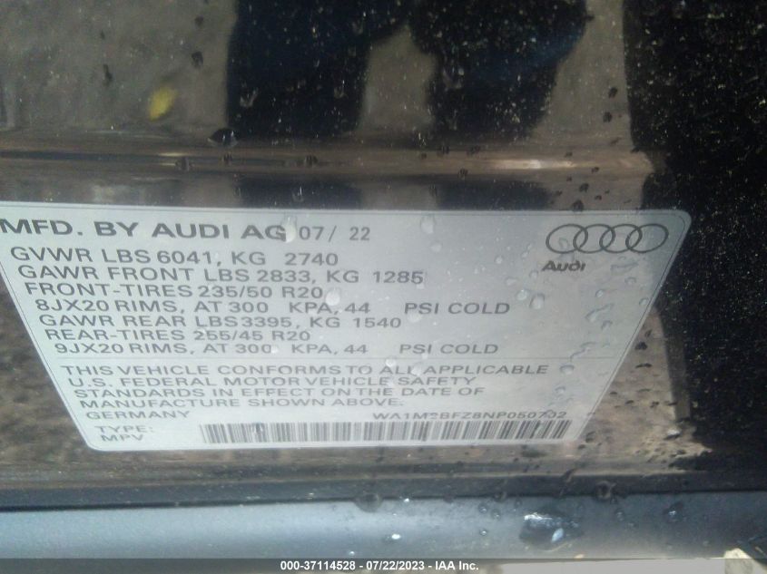 2022 AUDI Q4 E-TRON PRESTIGE WA1M2BFZ8NP050702