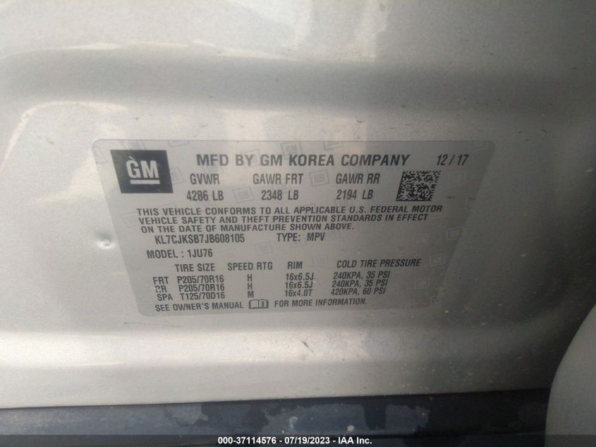 2018 CHEVROLET TRAX LS - KL7CJKSB7JB608105