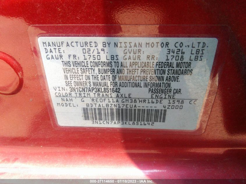 2019 NISSAN VERSA SEDAN SV - 3N1CN7AP3KL851642