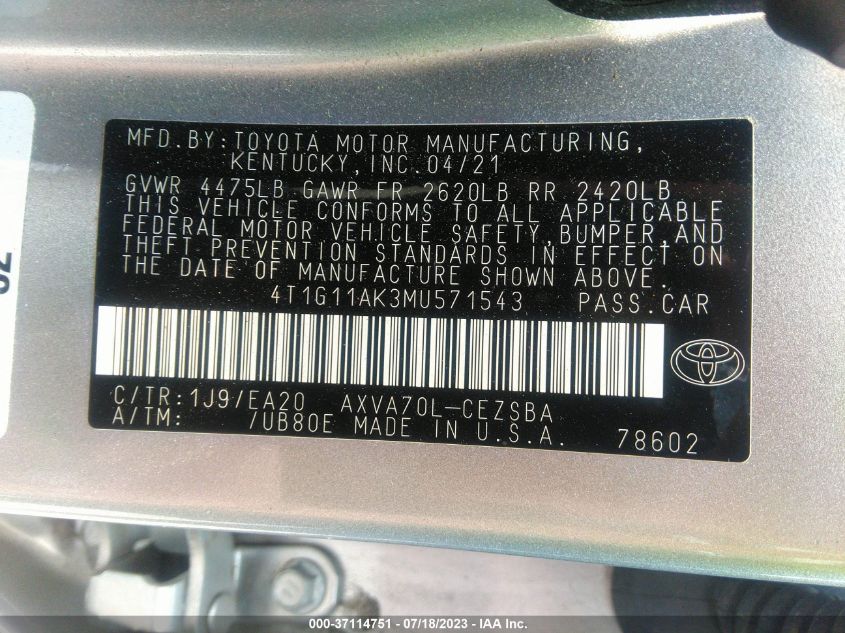 2021 TOYOTA CAMRY SE - 4T1G11AK3MU571543