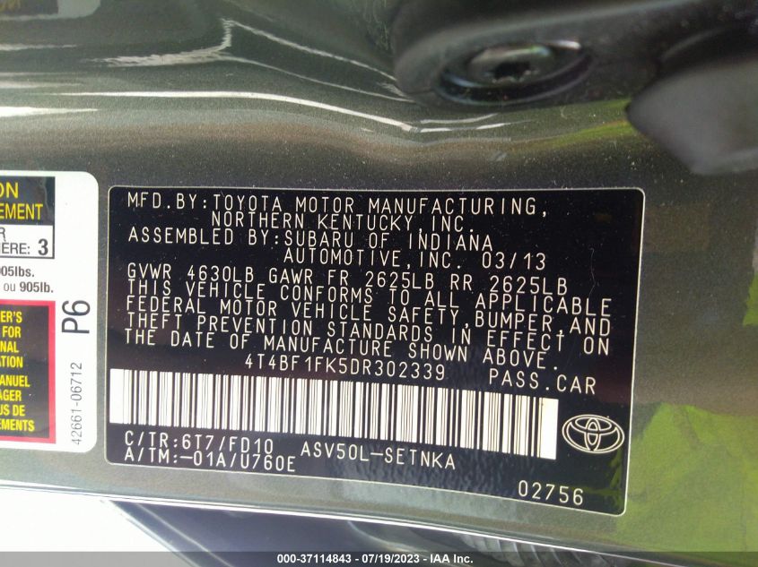2013 TOYOTA CAMRY LE - 4T4BF1FK5DR302339