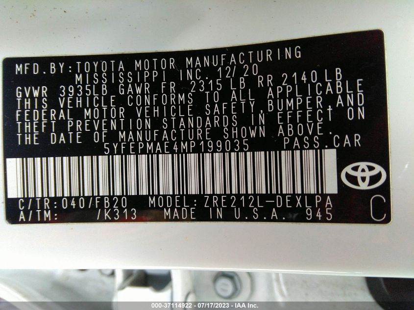 2021 TOYOTA COROLLA LE - 5YFEPMAE4MP199035