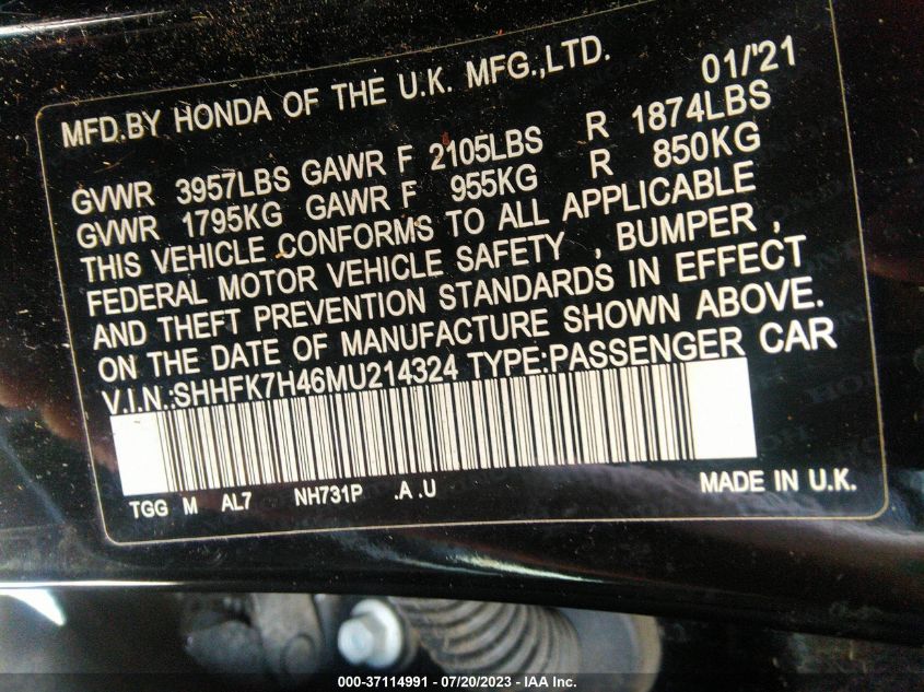 2021 HONDA CIVIC HATCHBACK SPORT - SHHFK7H46MU214324