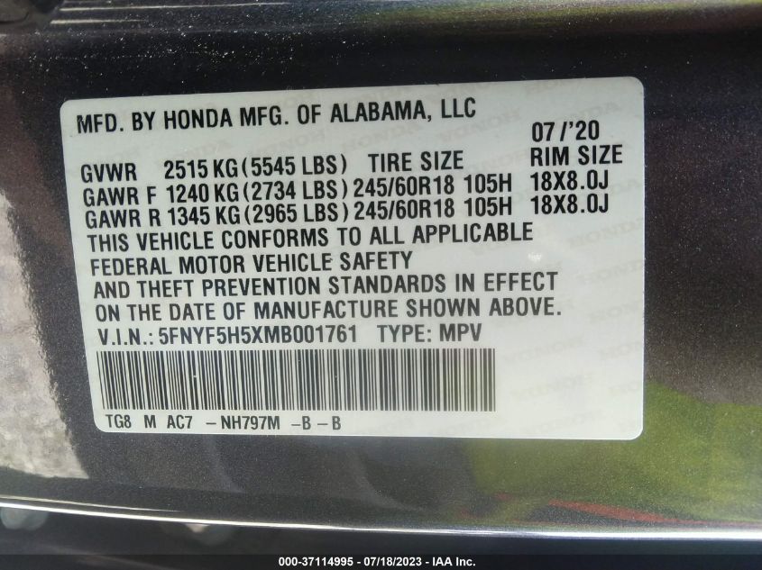 2021 HONDA PILOT EX-L - 5FNYF5H5XMB001761