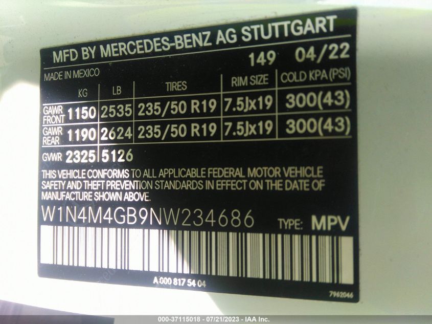 2022 MERCEDES-BENZ GLB GLB 250 - W1N4M4GB9NW234686
