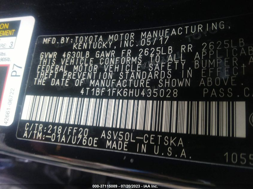 2017 TOYOTA CAMRY XLE/SE/LE/XSE - 4T1BF1FK6HU435028
