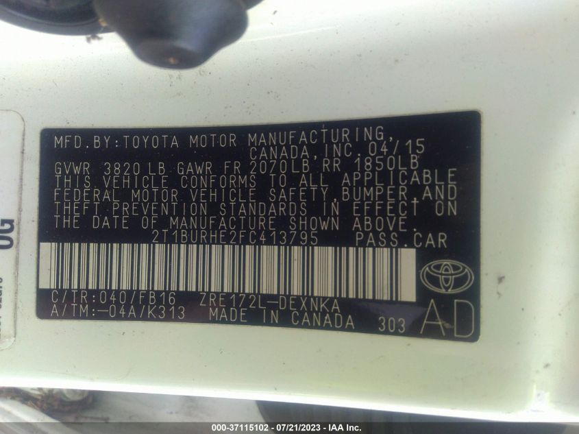 2015 TOYOTA COROLLA L/LE/S/S PLUS/LE PLUS - 2T1BURHE2FC413795