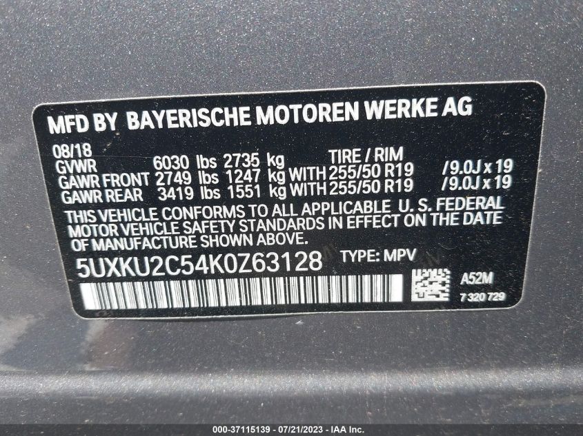 2019 BMW X6 XDRIVE35I - 5UXKU2C54K0263128