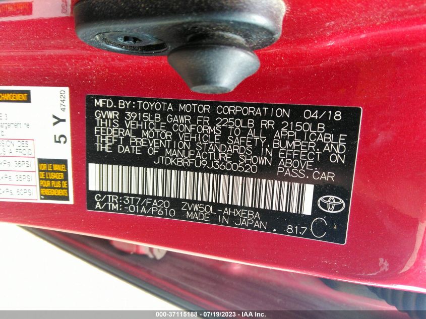 2018 TOYOTA PRIUS TWO/TWO ECO/THREE - JTDKBRFU9J3600520