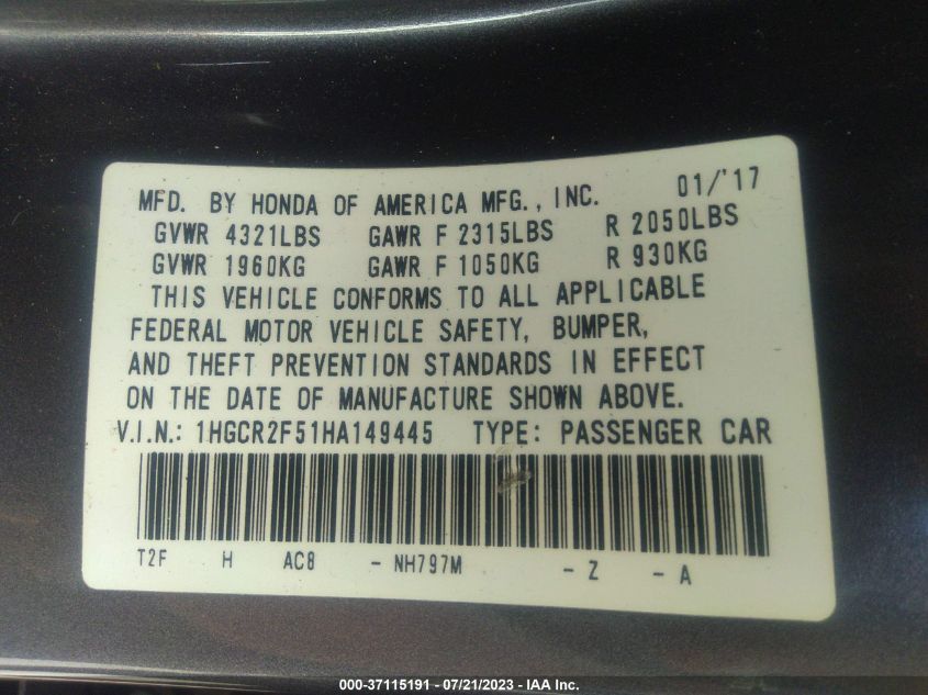2017 HONDA ACCORD SEDAN SPORT - 1HGCR2F51HA149445