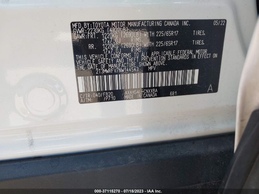 2022 TOYOTA RAV4 LE - 2T3MWRFV7NW144543