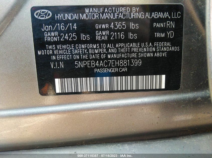 2014 HYUNDAI SONATA GLS - 5NPEB4AC7EH881399