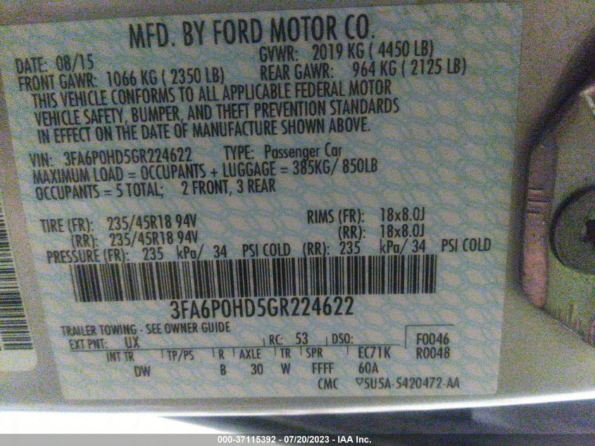 2016 FORD FUSION SE - 3FA6P0HD5GR224622