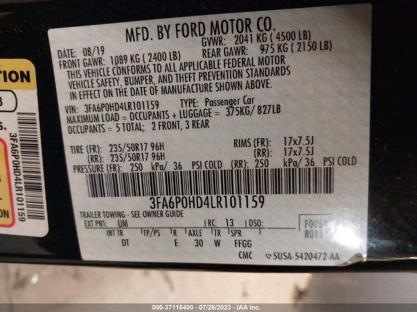 2020 FORD FUSION SE - 3FA6P0HD4LR101159