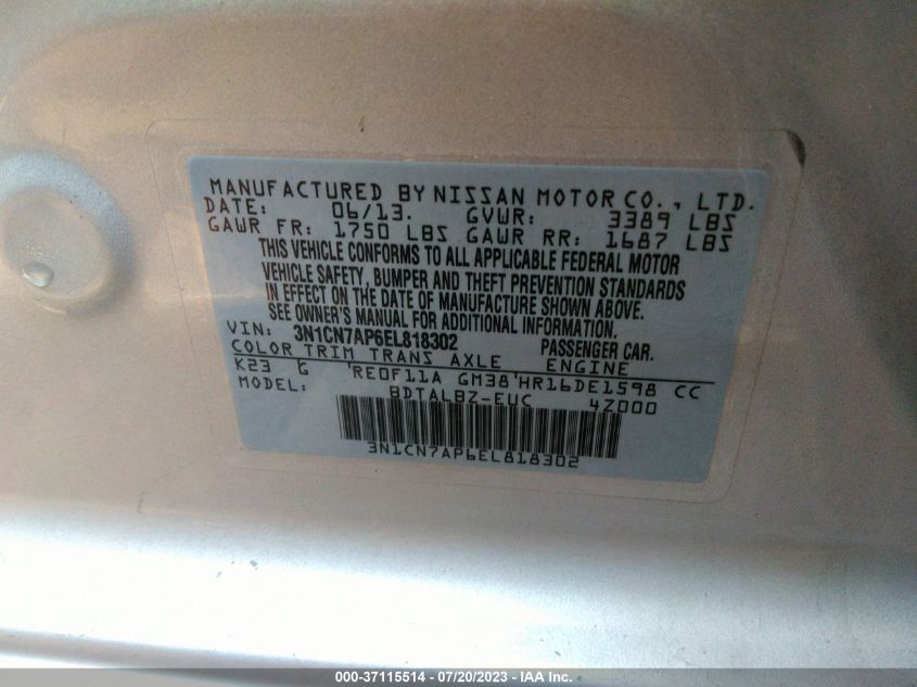 2014 NISSAN VERSA SV - 3N1CN7AP6EL818302