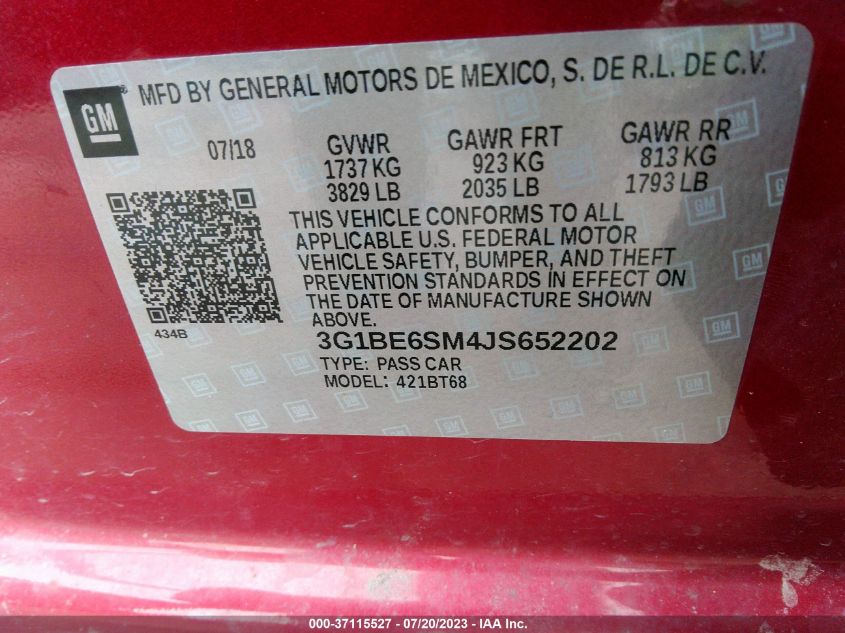2018 CHEVROLET CRUZE LT - 3G1BE6SM4JS652202