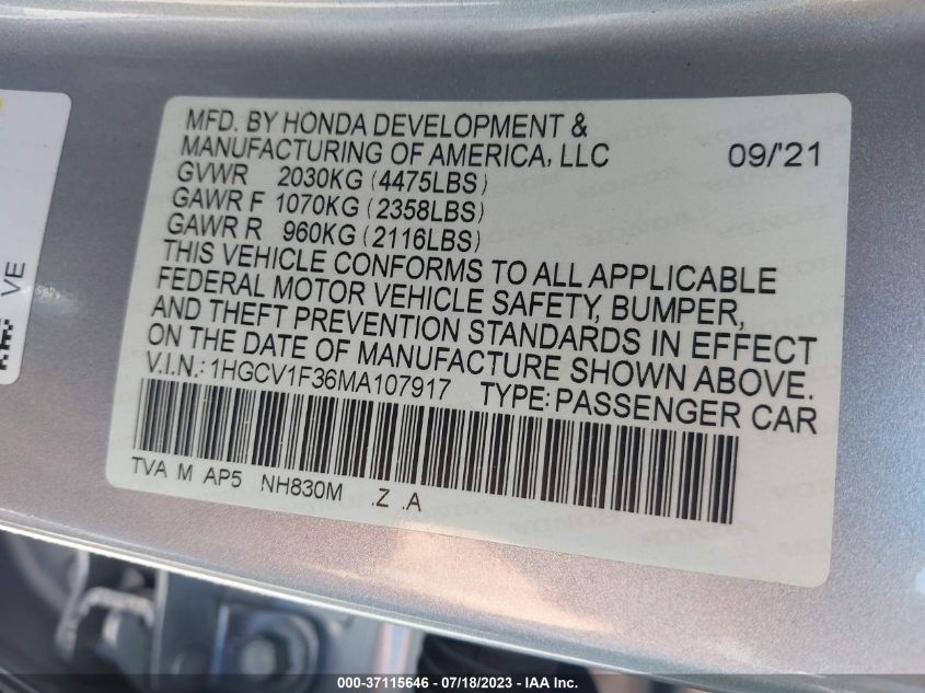 2021 HONDA ACCORD SEDAN SPORT - 1HGCV1F36MA107917