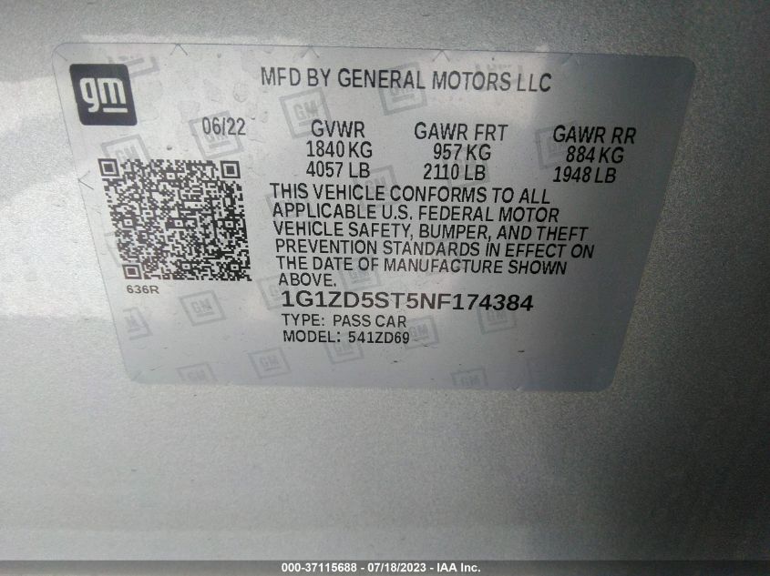 2022 CHEVROLET MALIBU LT - 1G1ZD5ST5NF174384