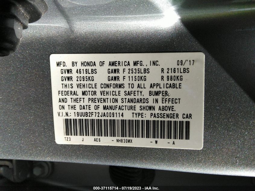 2018 ACURA TLX W/ADVANCE PKG 19UUB2F72JA009114