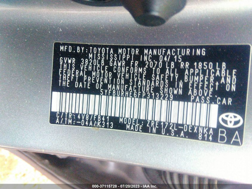 2015 TOYOTA COROLLA L/LE/LE PLS/PRM/S/S PLS - 5YFBURHE6FP313229