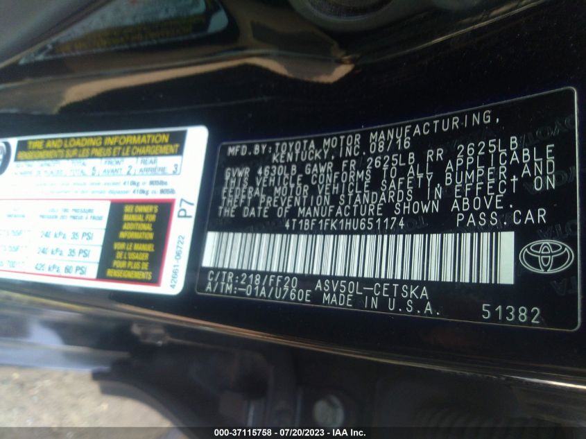 2017 TOYOTA CAMRY XLE/SE/LE/XSE - 4T1BF1FK1HU651174