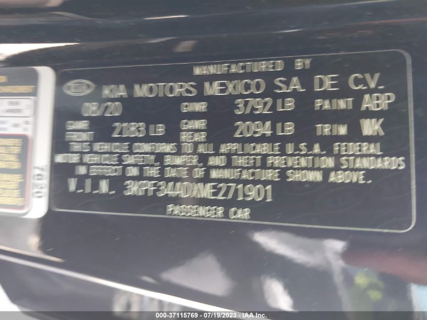2021 KIA FORTE GT-LINE - 3KPF34ADXME271901