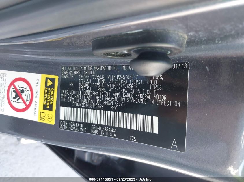 2013 TOYOTA HIGHLANDER - 5TDZK3EH9DS115863
