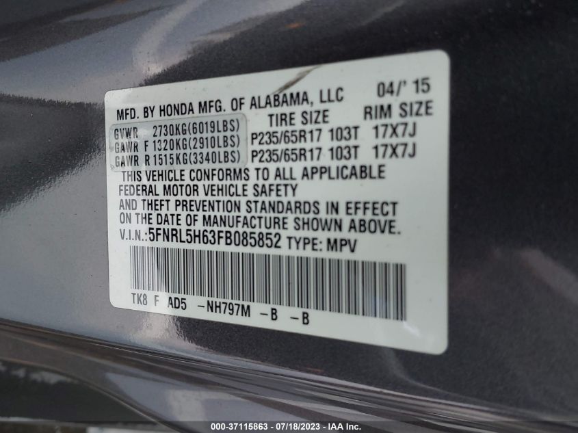 2015 HONDA ODYSSEY EXL - 5FNRL5H63FB085852