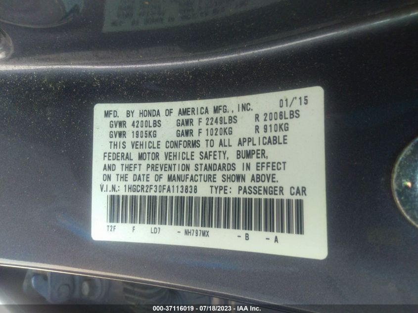 2015 HONDA ACCORD SEDAN LX - 1HGCR2F30FA113838