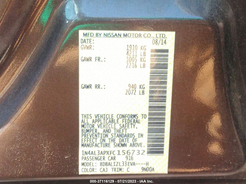 2015 NISSAN ALTIMA 2.5 SV - 1N4AL3APXFC156732