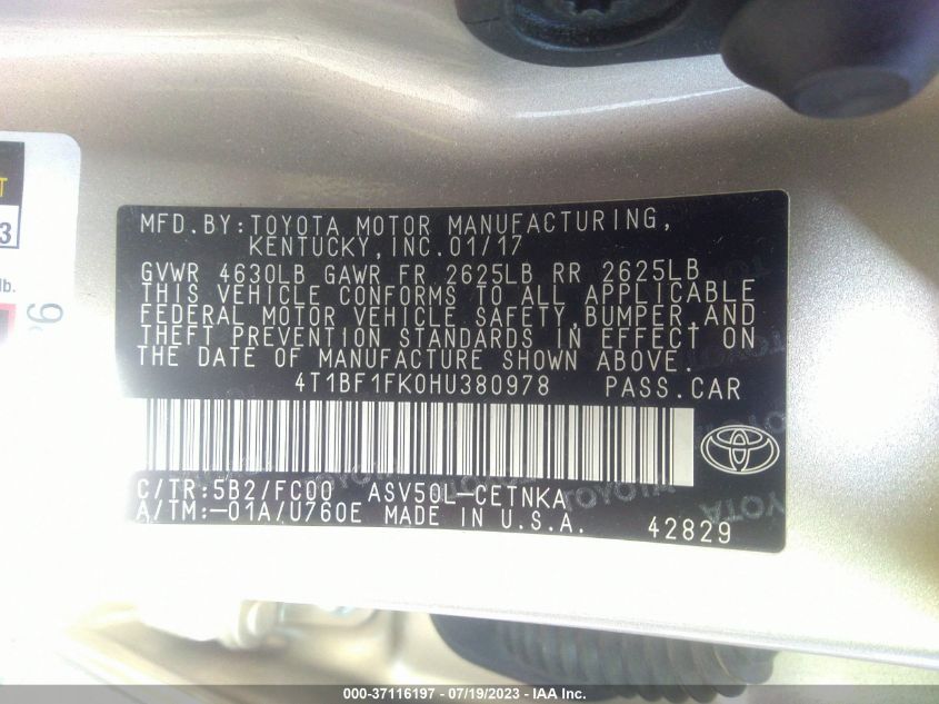 2017 TOYOTA CAMRY XLE/SE/LE/XSE - 4T1BF1FK0HU380978