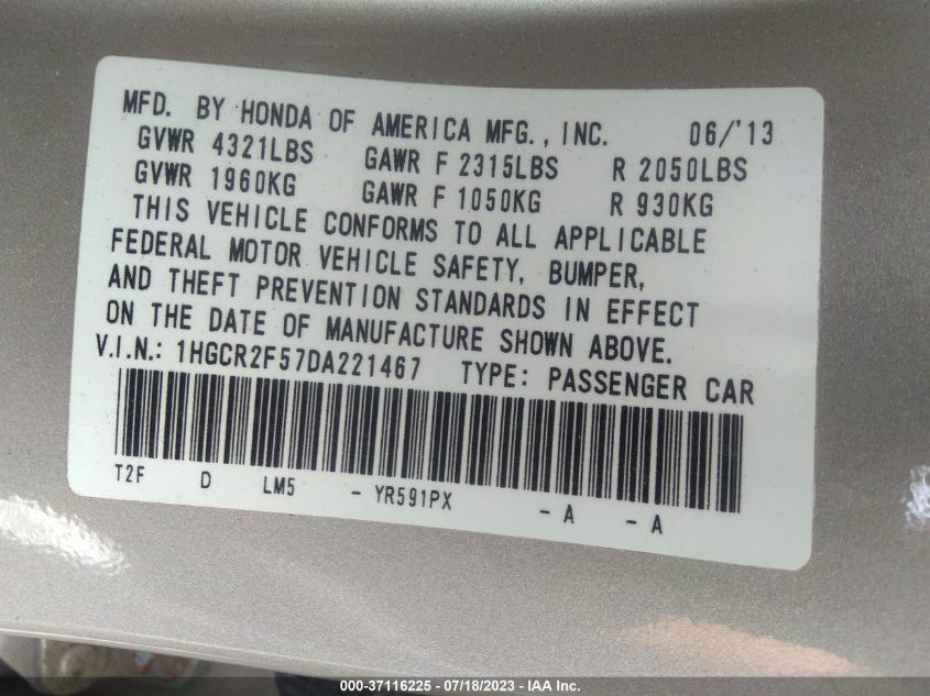 2013 HONDA ACCORD SDN SPORT - 1HGCR2F57DA221467