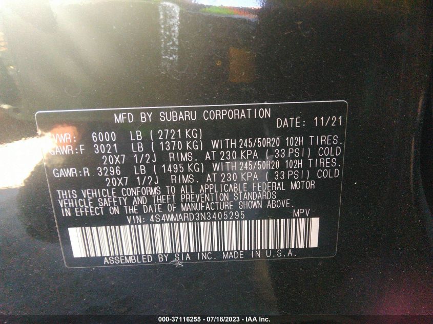 2022 SUBARU ASCENT TOURING - 4S4WMARD3N3405295