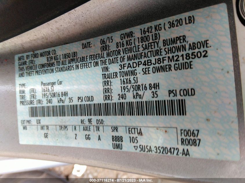 2015 FORD FIESTA SE - 3FADP4BJ8FM218502