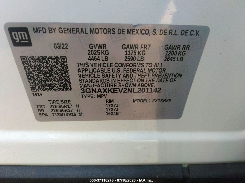 2022 CHEVROLET EQUINOX LT - 3GNAXKEV2NL201142